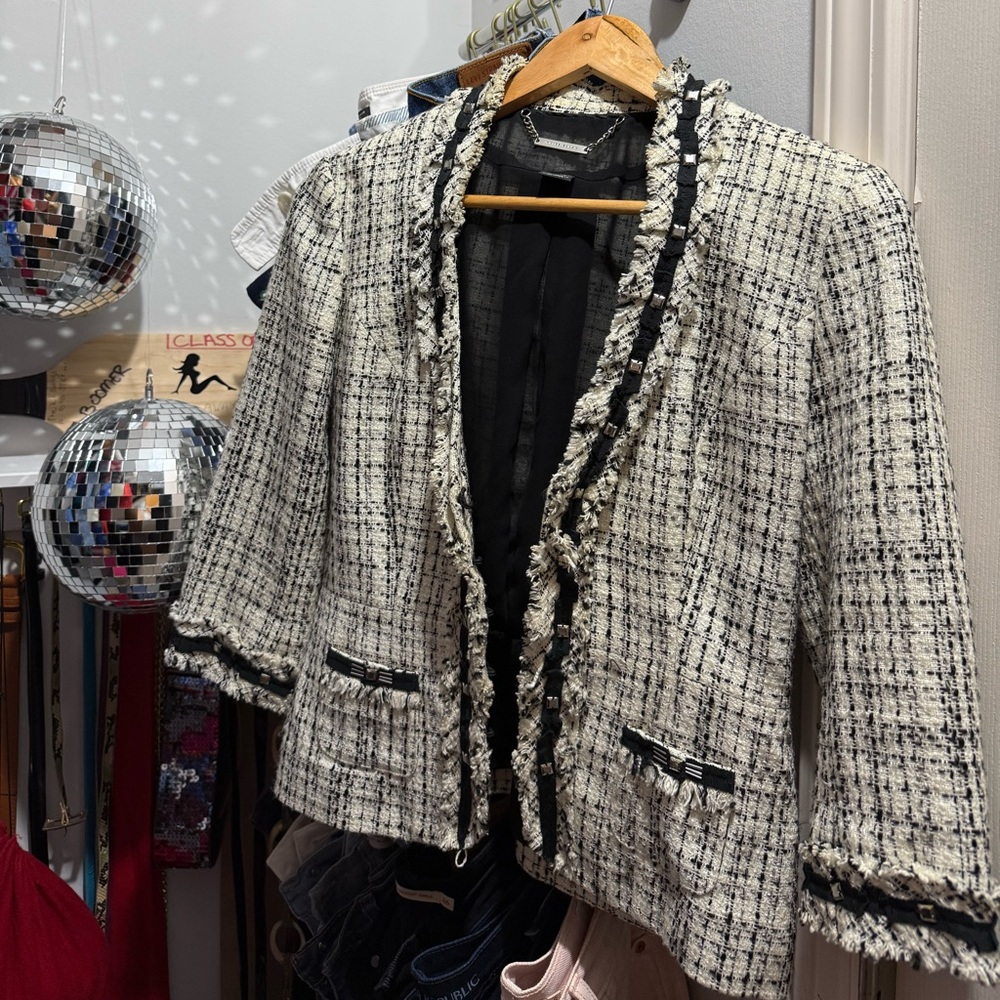 White House Black Market Black & White Tweed Frayed-Trim Blazer